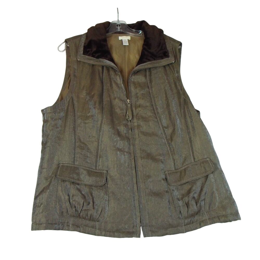 Chico's 3 (XL) Metallic Zip Front Vest Soft Brown Lined Collar Shimmer